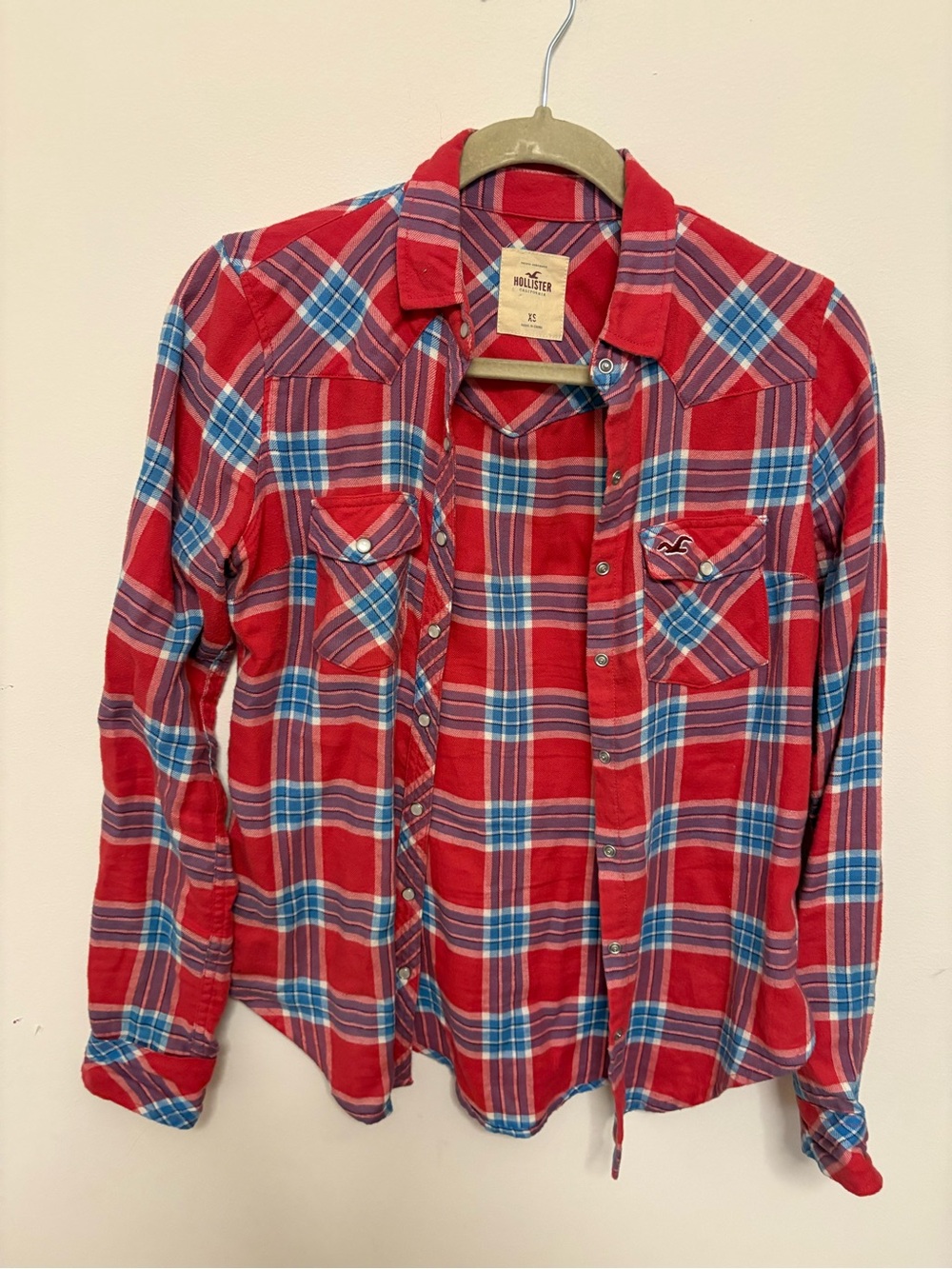 Hollister Red Plaid Pearl Snap Shirt Women's XS Long Sleeve Western Cowgirl